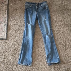 Express Distressed Blue Flare Jeans skyscraper NWOT